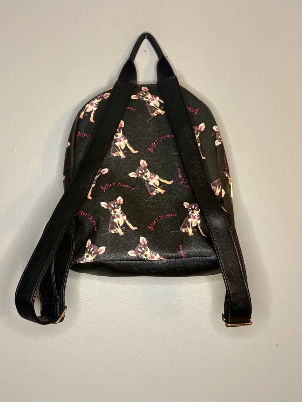 Betsey Johnson Black Chihuahua Print Mini Backpack with Hot Pink Trim
